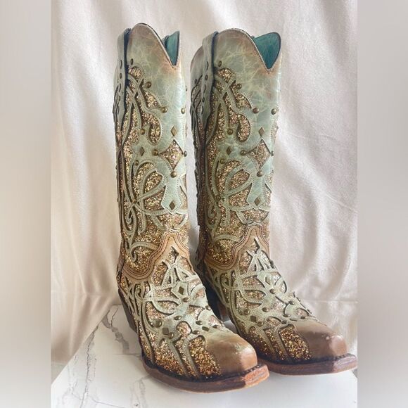 Corral Mint Inlay Glitter Snip Toe Boots - Picture 1 of 6